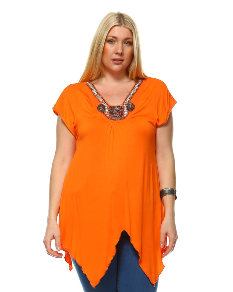 Front of a model wearing a size 1X Fenella Tunic Top in Orange by White Mark. | dia_product_style_image_id:257265